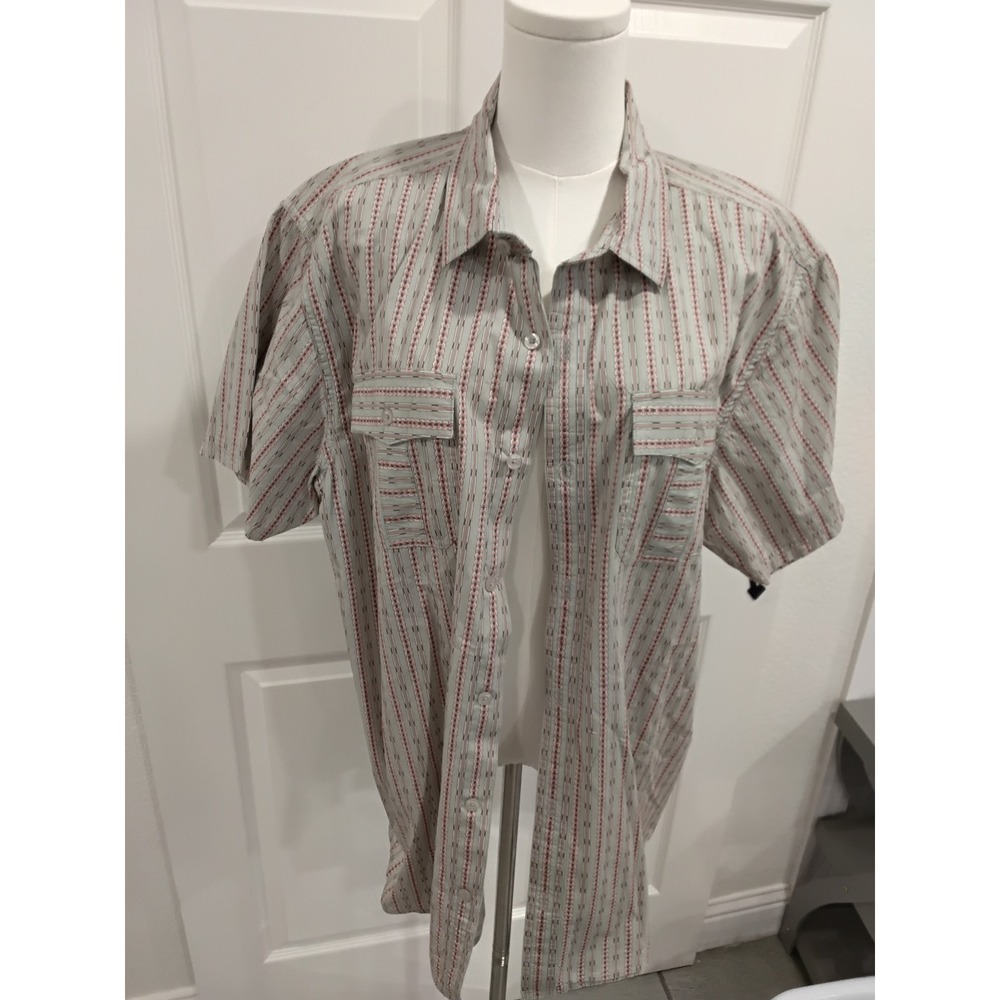 Prana Mens Short Sleeve Button Up Shirt Striped Red Gray X-Large Casual Outdoor
